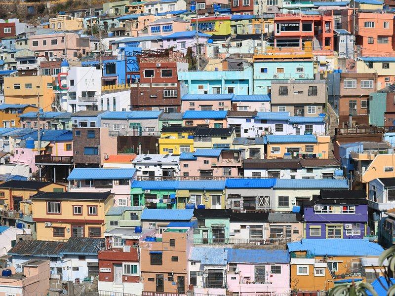 The painted houses of Gamcheon Culture Village stacked up the hillside in Busan