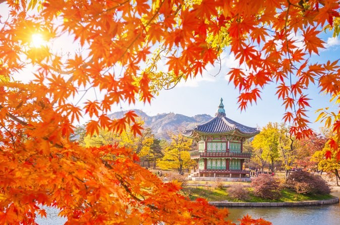 A palace pavilion framed by maple leaves turning red